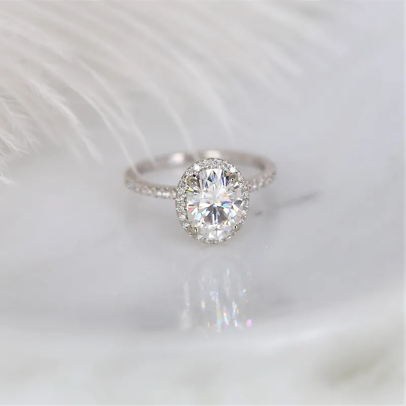 2ct Ready to Ship Jessica 9x7mm 14kt ROSE Gold Moissanite Diamond Dainty Oval Halo Ring view 2