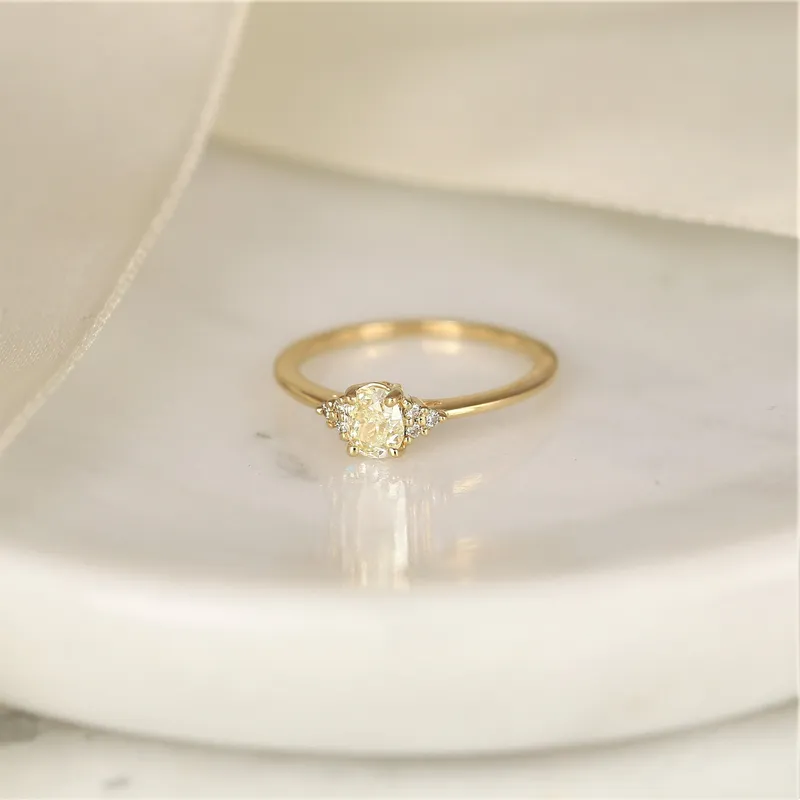 0.45ct Ready to Ship Juniper 14kt Gold Warm Butter Champagne Diamond Art Deco Dainty Oval Cluster 3 Stone Engagement Ring vy 2