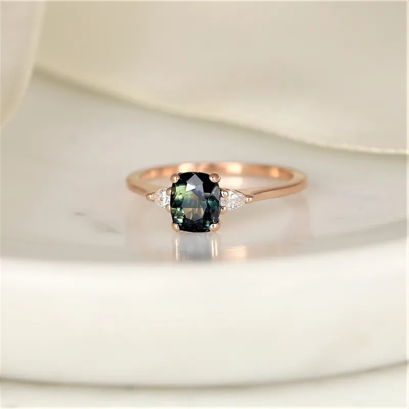 1.47ct Ready to Ship Petite Ellis 14kt Gold Bi-Color Moss Teal Sapphire Diamond Elongated Cushion 3 Stone Ring vy 2