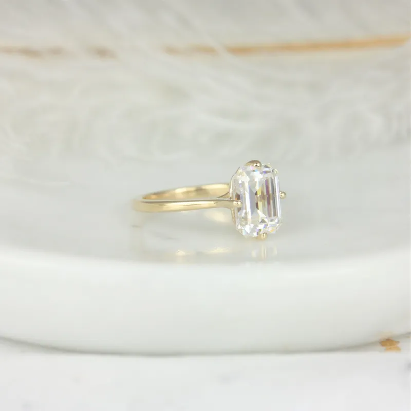 3.90cts Extra Low Roux 10x8mm 14kt Gold Moissanite Compass Set Emerald Solitaire Ring view 2