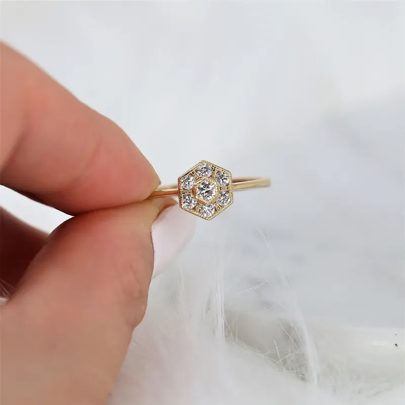 Mosaic 14kt Solid Gold Diamonds Art Deco WITH Hand Milgrain Hexagon Unique Cluster Ring, Rosados Box round cut engagement ring