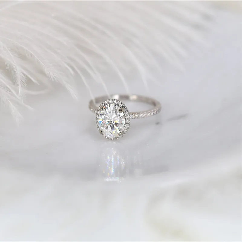 2ct Ready to Ship Jessica 9x7mm 14kt ROSE Gold Moissanite Diamond Dainty Oval Halo Ring view 4