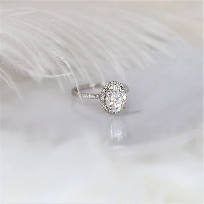 2ct Jessica 9x7mm 14kt Moissanite Diamonds Dainty Oval Halo Ring vy 4