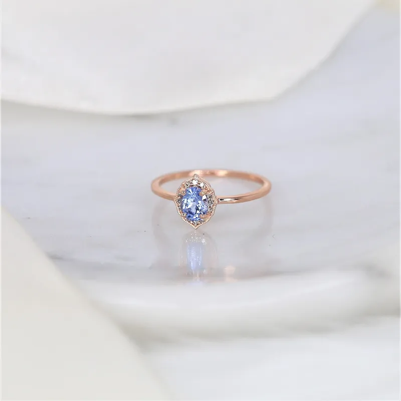 0.65ct Ready to Ship Mini Mae 14kt Rose Gold Cornflower Lavender Sapphire Diamond Oval Halo Ring vy 5