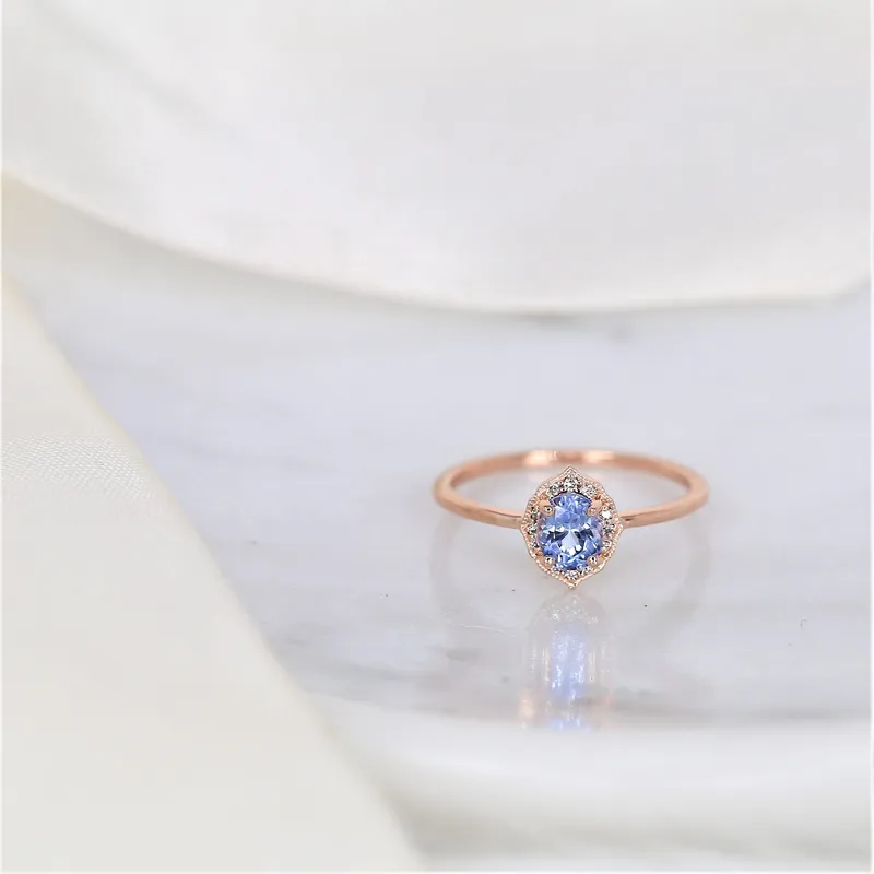 0.65ct Ready to Ship Mini Mae 14kt Rose Gold Cornflower Lavender Sapphire Diamond Oval Halo Ring vy 6