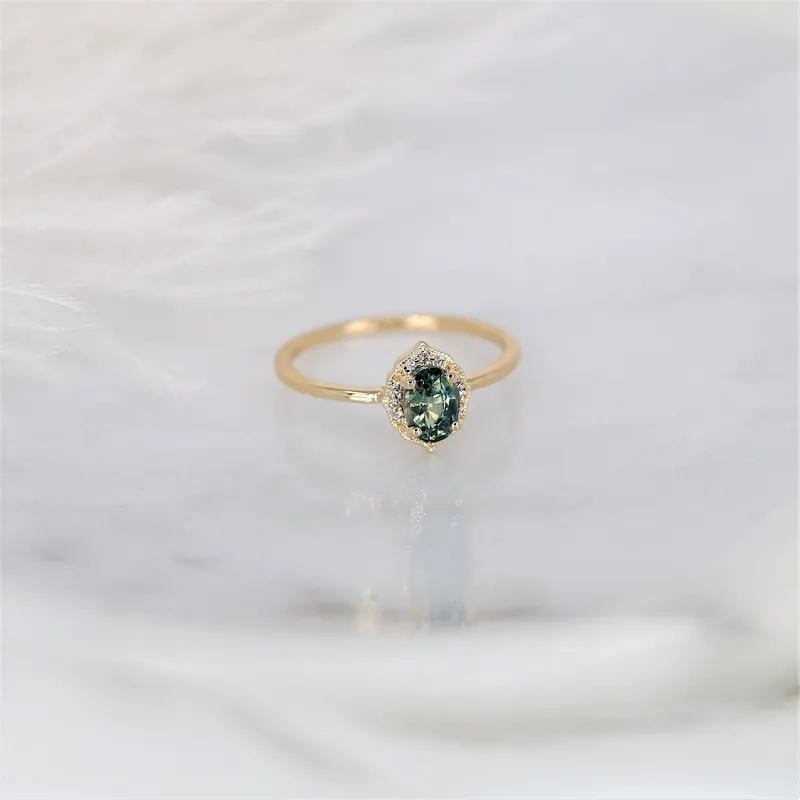 0.87ct Ready to Ship Mini Mae 14kt Gold Green Tea Teal Sapphire Diamond Oval Halo Ring vy 2