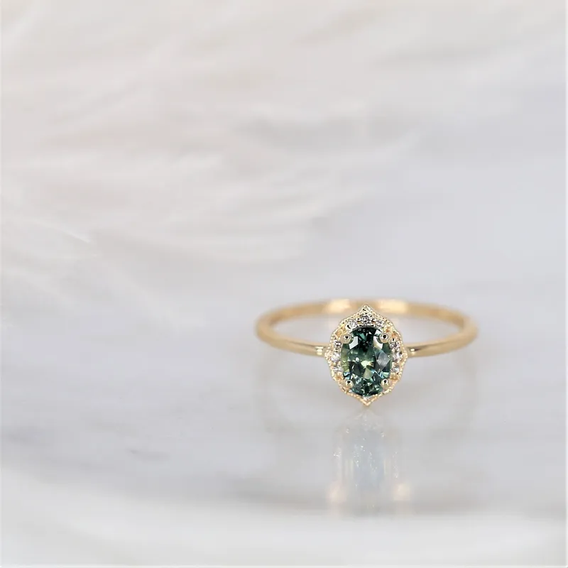 0.87ct Ready to Ship Mini Mae 14kt Gold Green Tea Teal Sapphire Diamond Oval Halo Ring green sapphire oval cut engagement ring