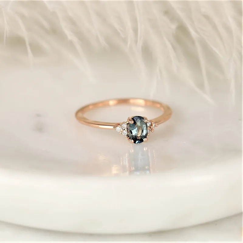 0.61ct Ready to Ship Juniper 14kt Rose Gold Ocean Blue Teal Sapphire Diamond Art Deco Oval Cluster Ring blue diamond oval cut engagement ring