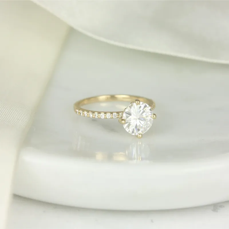 2cts Chelsea 8mm 14kt Gold Moissanite Diamond Compass Set Round Solitaire Ring vy 3