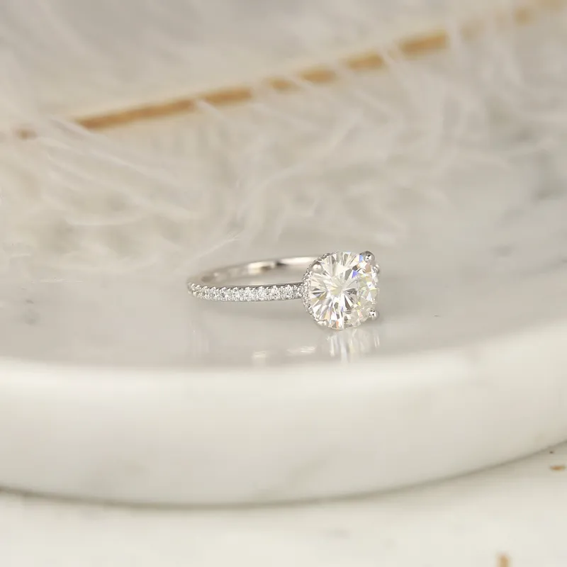 2ct EXTRA LOW Vanessa 8mm 14kt Gold Moissanite Diamond Hidden Halo Round Solitaire Ring view 3