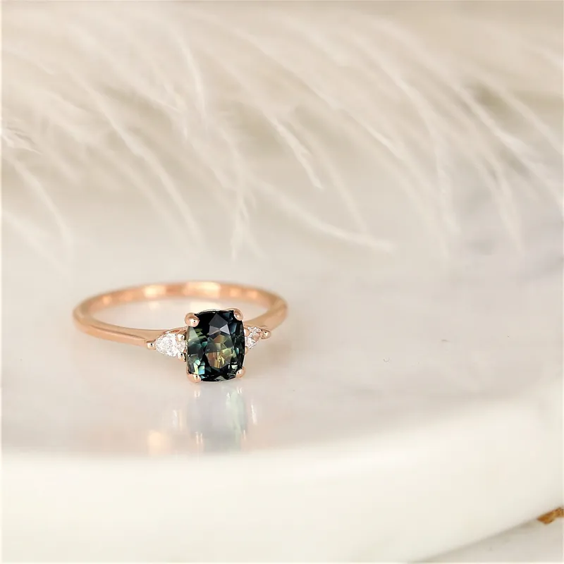 1.47ct Ready to Ship Petite Ellis 14kt Gold Bi-Color Moss Teal Sapphire Diamond Elongated Cushion 3 Stone Ring sapphire cushion cut engagement ring