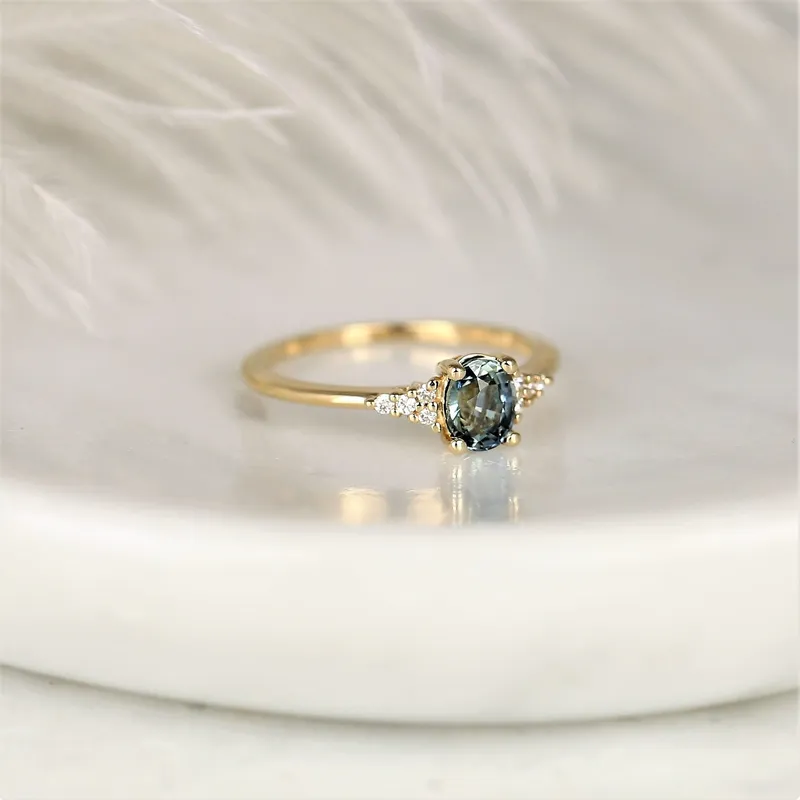 0.85ct Ready to Ship Maddy 14kt Gold Ocean Teal Sapphire Diamond Dainty Oval Cluster Ring vy 2