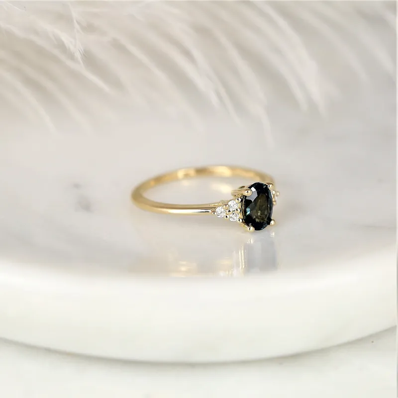 0.95ct Ready to Ship Juniper 14kt Gold Ocean Teal Sapphire Diamond Dainty Oval Cluster Ring vy 2