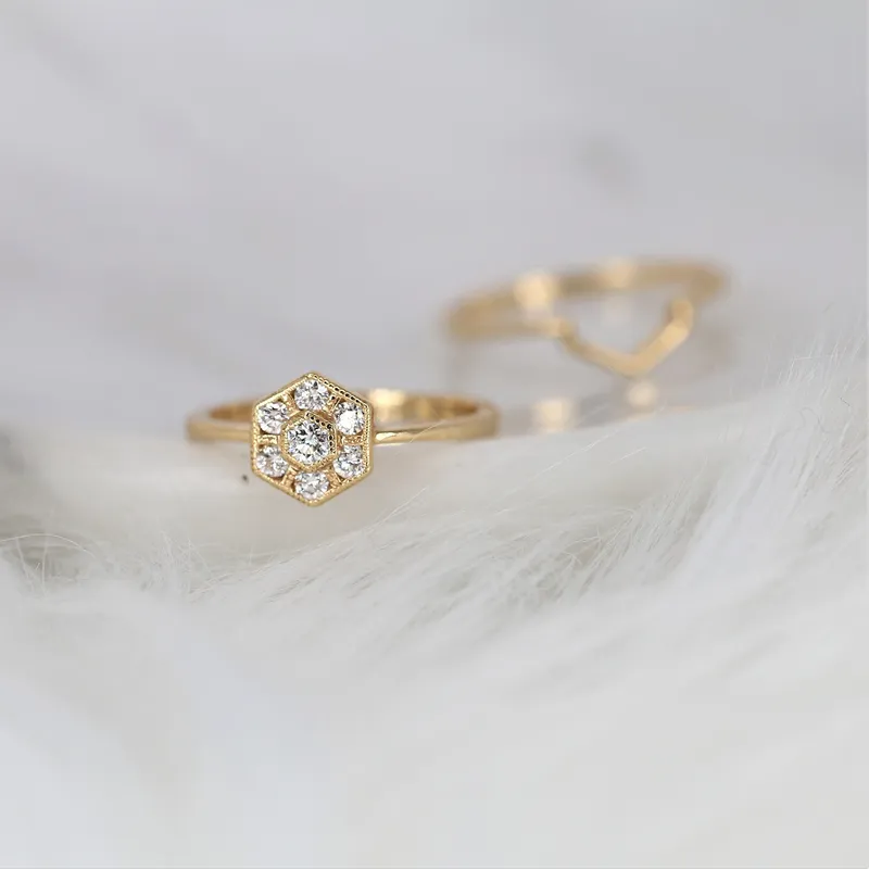 Mosaic 14kt Solid Gold Diamonds Art Deco WITH Hand Milgrain Hexagon Unique Cluster Ring, Rosados Box vy 2