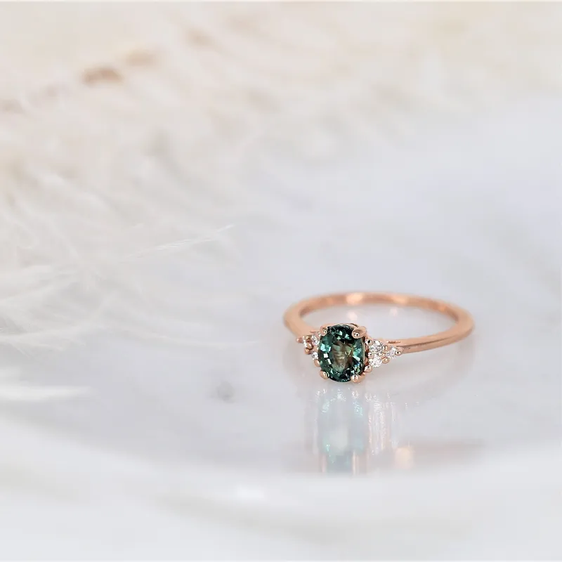 1.00ct Ready to Ship Juniper 14kt Rose Gold Ocean Teal Sapphire Diamond Oval Cluster Ring view 2