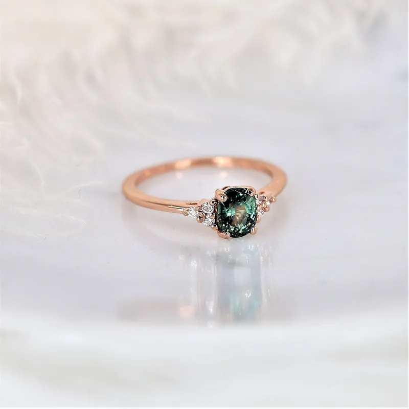 1.00ct Ready to Ship Juniper 14kt Rose Gold Ocean Teal Sapphire Diamond Oval Cluster Ring diamond oval cut engagement ring
