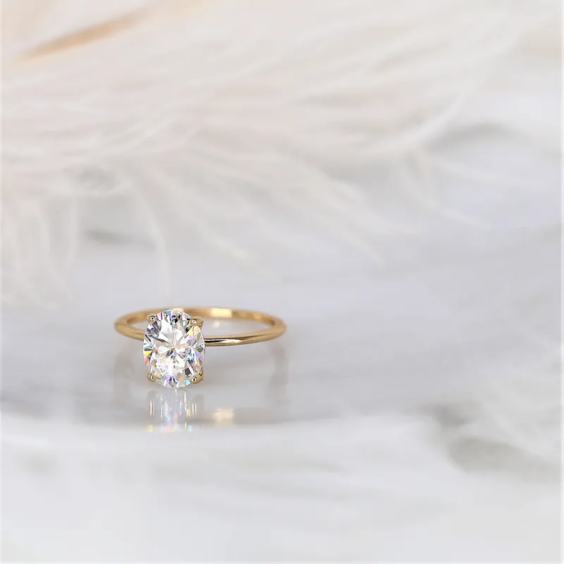 2ct Ready to Ship Layla 9x7mm 14kt ROSE Gold Forever One Moissanite Ultra Dainty Oval Solitaire Ring view 3