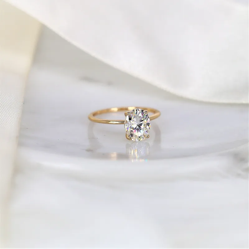 2ct Ready to Ship Layla 9x7mm 14kt ROSE Gold Forever One Moissanite Ultra Dainty Oval Solitaire Ring view 5