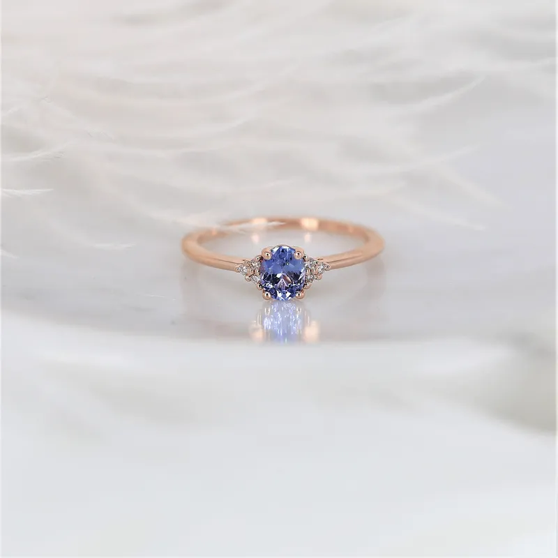 0.48ct Ready to Ship Juniper 14kt Rose Gold Cornflower Lavender Sapphire Diamond Dainty Art Deco Oval Cluster 3 Stone Ring vy 2