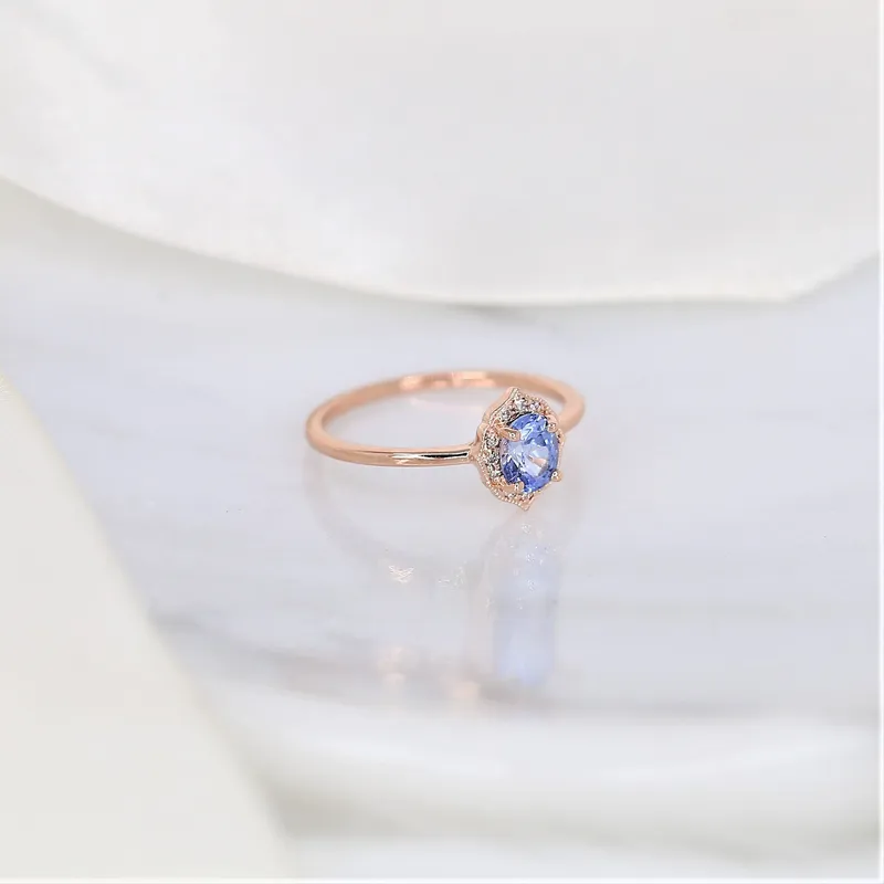 0.65ct Ready to Ship Mini Mae 14kt Rose Gold Cornflower Lavender Sapphire Diamond Oval Halo Ring vy 7