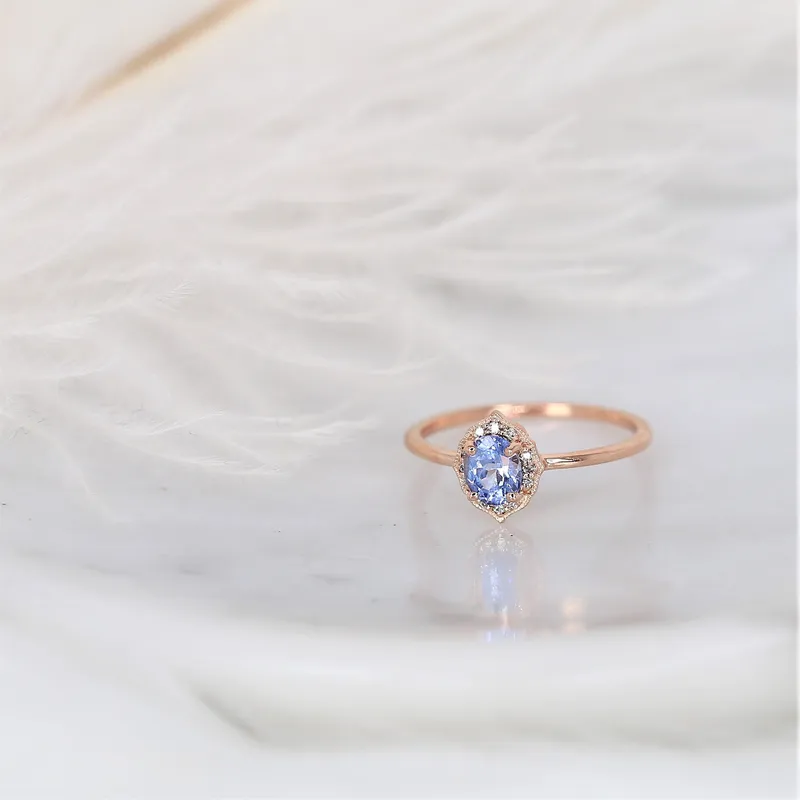 0.65ct Ready to Ship Mini Mae 14kt Rose Gold Cornflower Lavender Sapphire Diamond Oval Halo Ring vy 3