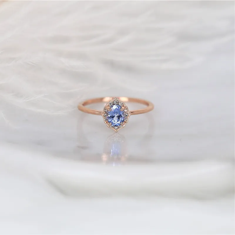 0.65ct Ready to Ship Mini Mae 14kt Rose Gold Cornflower Lavender Sapphire Diamond Oval Halo Ring vy 2