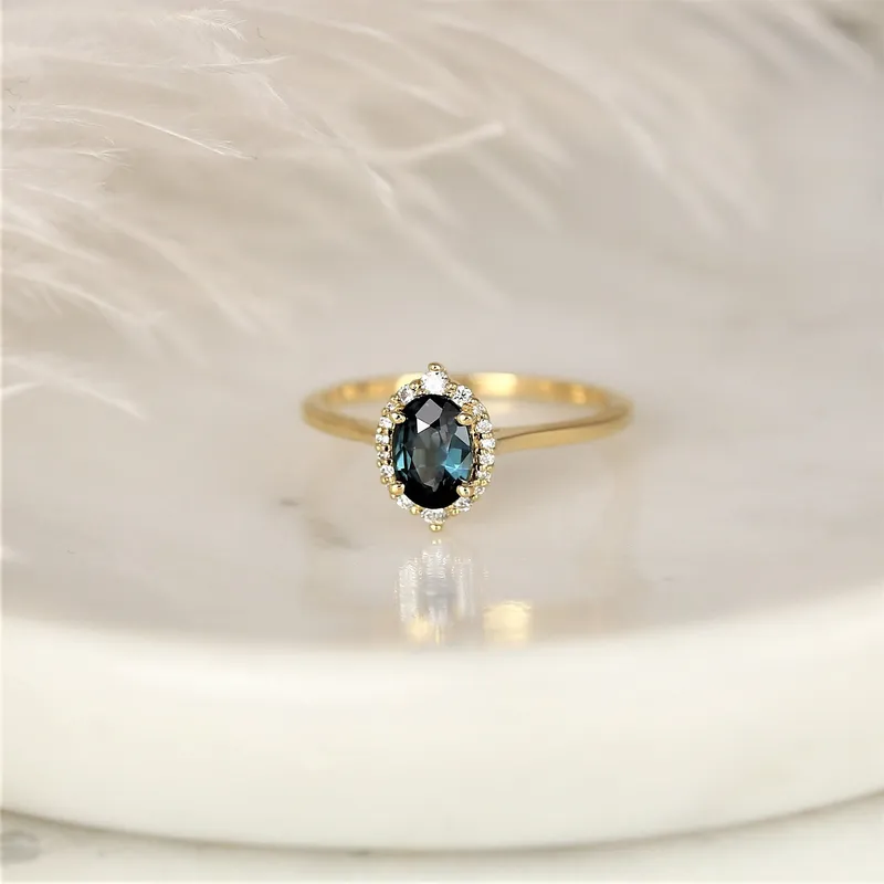 0.98cts Ready to Ship Electra 14kt Gold Deep Ocean Teal Sapphire Diamond Art Deco Shield Unique Oval Halo Ring vy 2