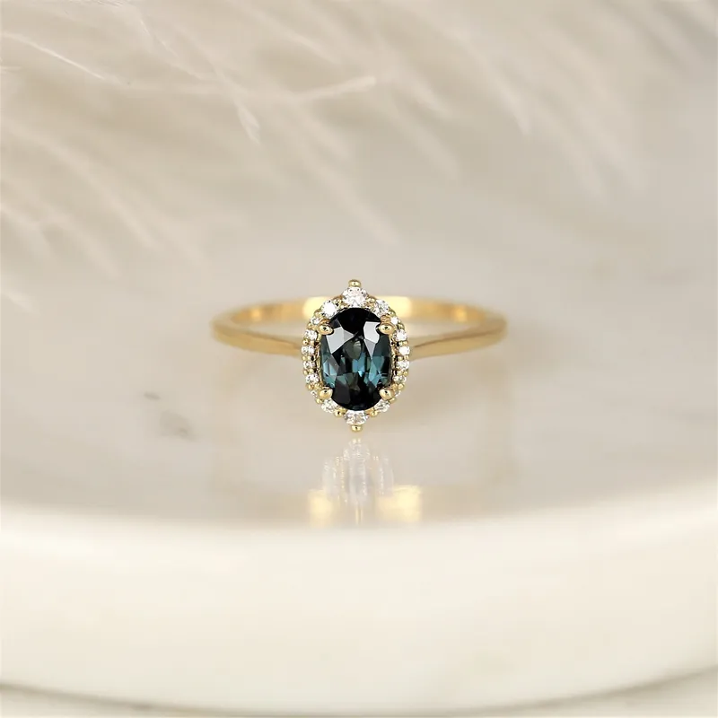 0.98cts Ready to Ship Electra 14kt Gold Deep Ocean Teal Sapphire Diamond Art Deco Shield Unique Oval Halo Ring sapphire oval cut engagement ring