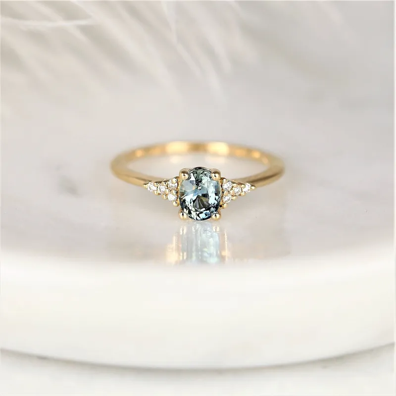 0.85ct Ready to Ship Maddy 14kt Gold Ocean Teal Sapphire Diamond Dainty Oval Cluster Ring diamond oval cut engagement ring