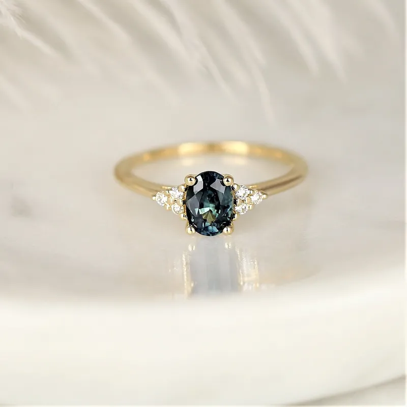 0.95ct Ready to Ship Juniper 14kt Gold Ocean Teal Sapphire Diamond Dainty Oval Cluster Ring diamond oval cut engagement ring