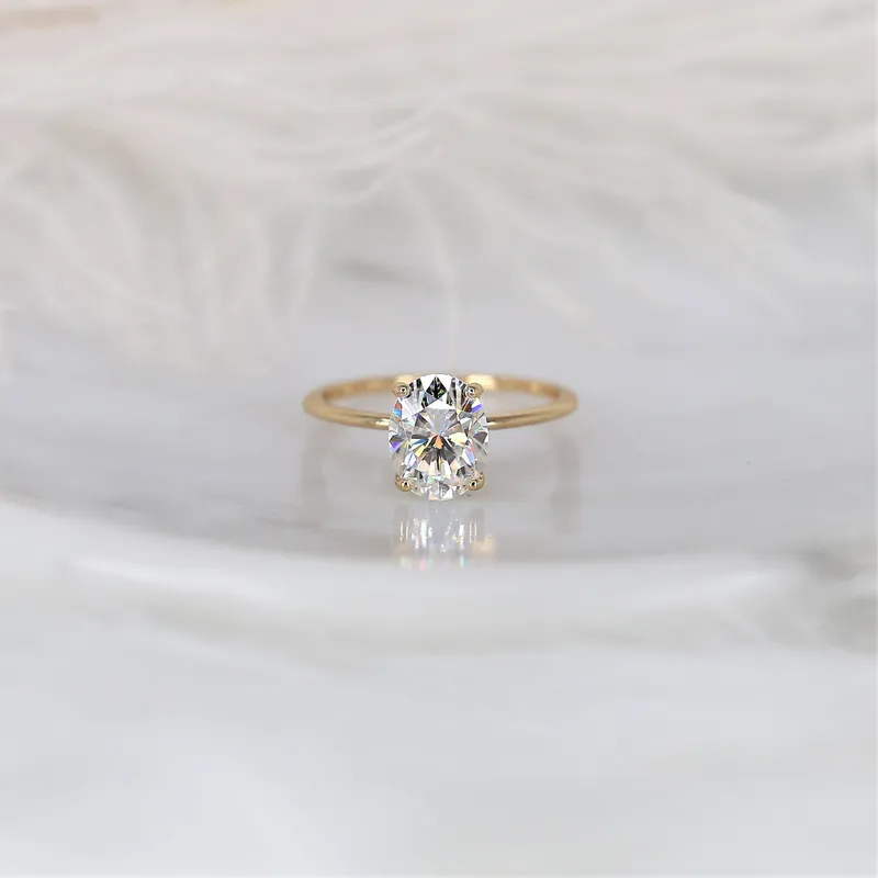 2ct Ready to Ship Layla 9x7mm 14kt ROSE Gold Forever One Moissanite Ultra Dainty Oval Solitaire Ring view 2