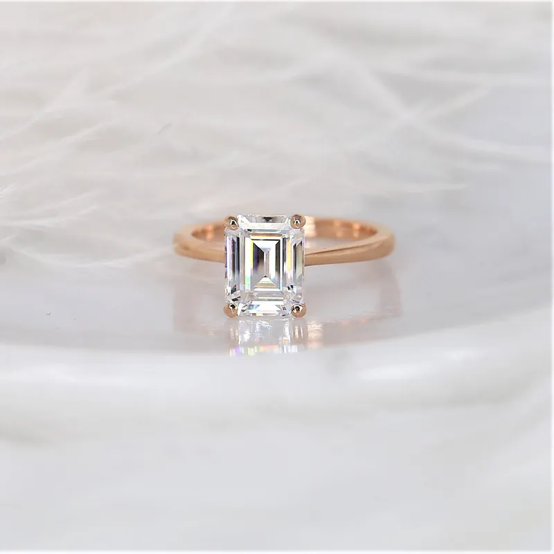 2.60ct Ready to Ship Skinny Norma 9x7mm 14kt Rose Gold Moissanite Dainty Emerald Engagement Ring,Emerald Cut Solitaire Ring vy 2