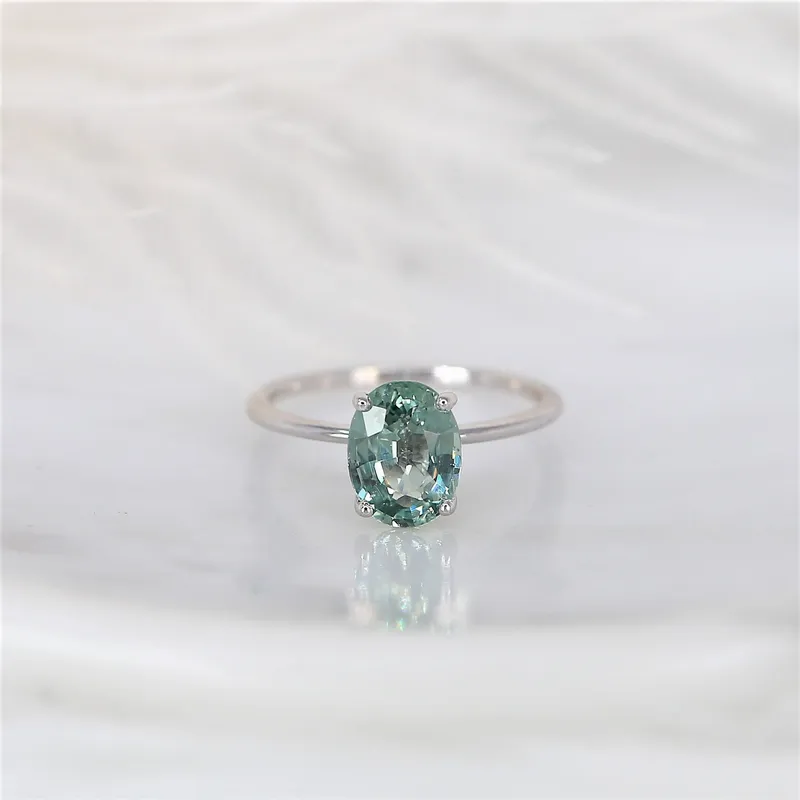 2.45ct Ready to Ship Layla 14kt White Gold Winter Mint Teal Sapphire Dainty Oval Solitaire Ring view 2