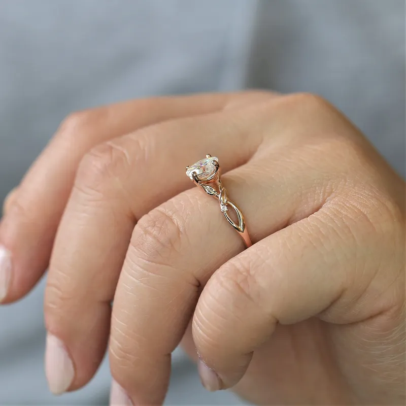 1ct Fern 7x5mm 14kt Rose Gold Moissanite Diamond Leaves Crossover Oval Solitaire Ring diamond oval cut engagement ring