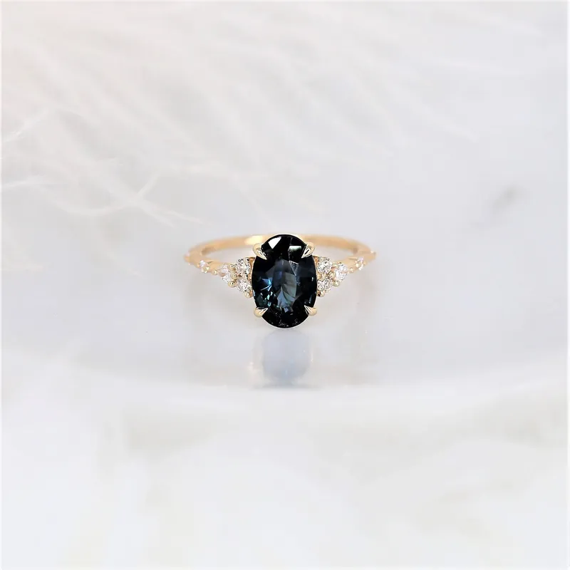 2.97ct Aspen 14kt Gold Ocean Teal Sapphire Diamond Minimalist Oval Cluster Ring vy 2