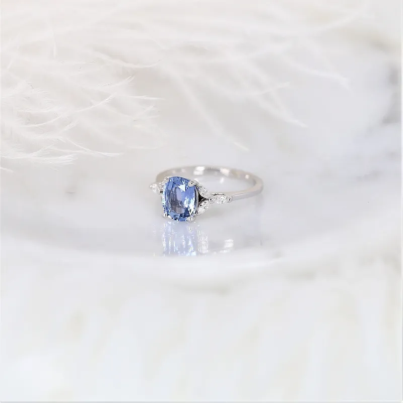 1.77ct Ready to Ship Geneva 14kt White Gold Cornflower Lavender Sapphire Diamond 3 Stone Cushion Cluster Ring view 2
