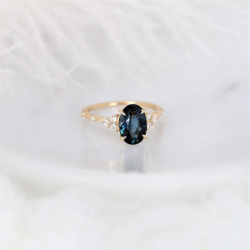 2.97ct Aspen 14kt Gold Ocean Teal Sapphire Diamond Minimalist Oval Cluster Ring diamond oval cut engagement ring