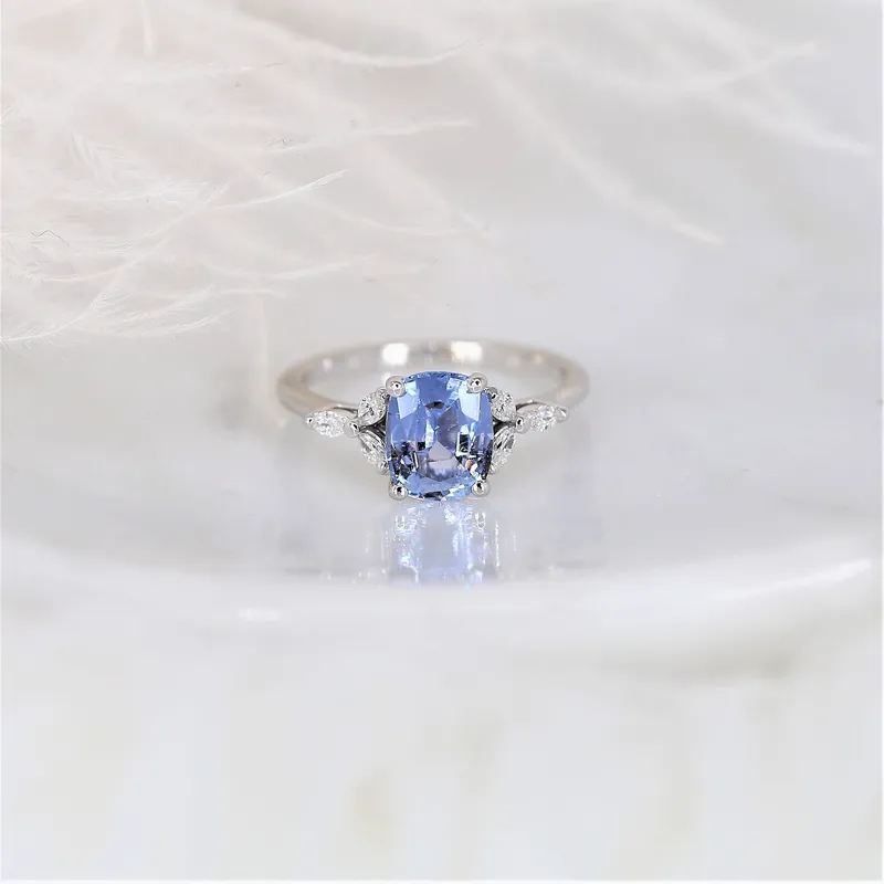 1.77ct Ready to Ship Geneva 14kt White Gold Cornflower Lavender Sapphire Diamond 3 Stone Cushion Cluster Ring blue sapphire cushion cut engagement ring