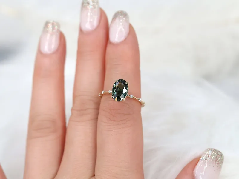 2.51ct Ready to Ship Alix 14kt Gold Forest Teal Sapphire Diamond Dainty Oval Solitaire Ring vy 2