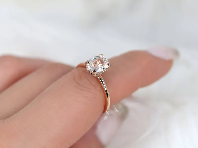 1.79ct Ready to Ship Tansy 14kt Rose Gold Faint Blush Champagne Sapphire Cushion Hidden Halo Ring sapphire cushion cut engagement ring