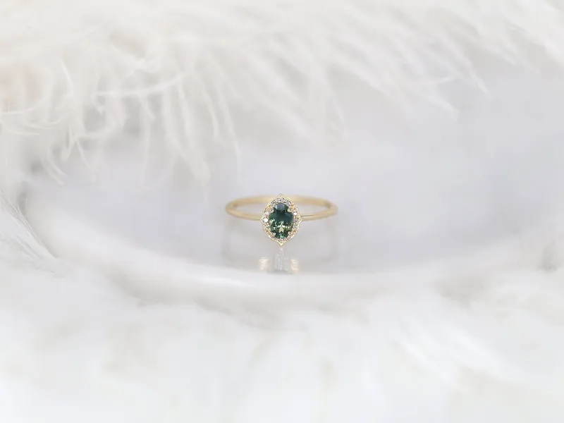 0.69ct Ready to Ship Mini Mae 14kt Gold Teal Montana Sapphire Diamond Oval Halo Ring vy 3