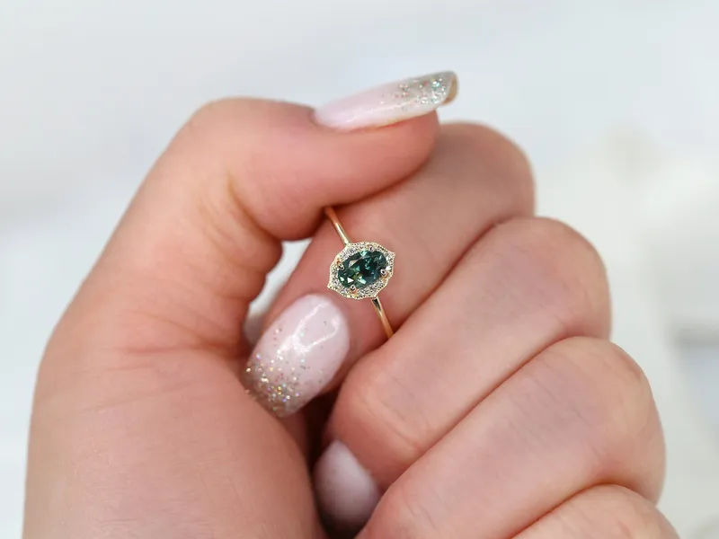 0.69ct Ready to Ship Mini Mae 14kt Gold Teal Montana Sapphire Diamond Oval Halo Ring sapphire oval cut engagement ring