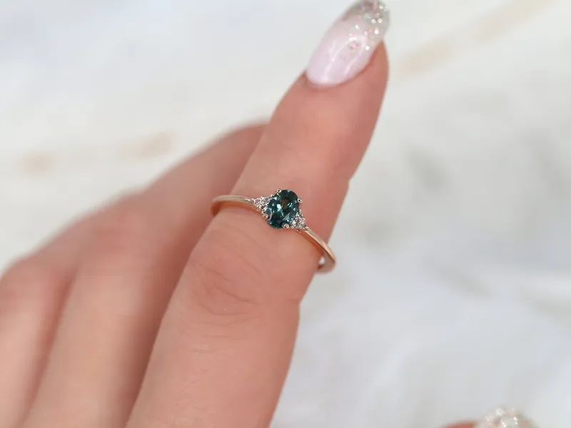 0.70ct Ready to Ship Juniper 14kt Rose Gold Ocean Teal Montana Sapphire Dainty Art Deco Oval Cluster Ring vy 7
