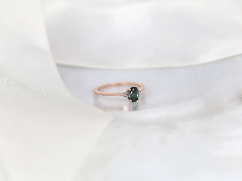 0.70ct Ready to Ship Juniper 14kt Rose Gold Ocean Teal Montana Sapphire Dainty Art Deco Oval Cluster Ring vy 5