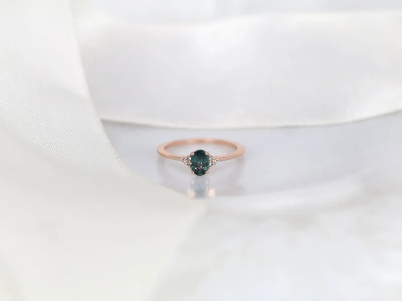 0.70ct Ready to Ship Juniper 14kt Rose Gold Ocean Teal Montana Sapphire Dainty Art Deco Oval Cluster Ring vy 3