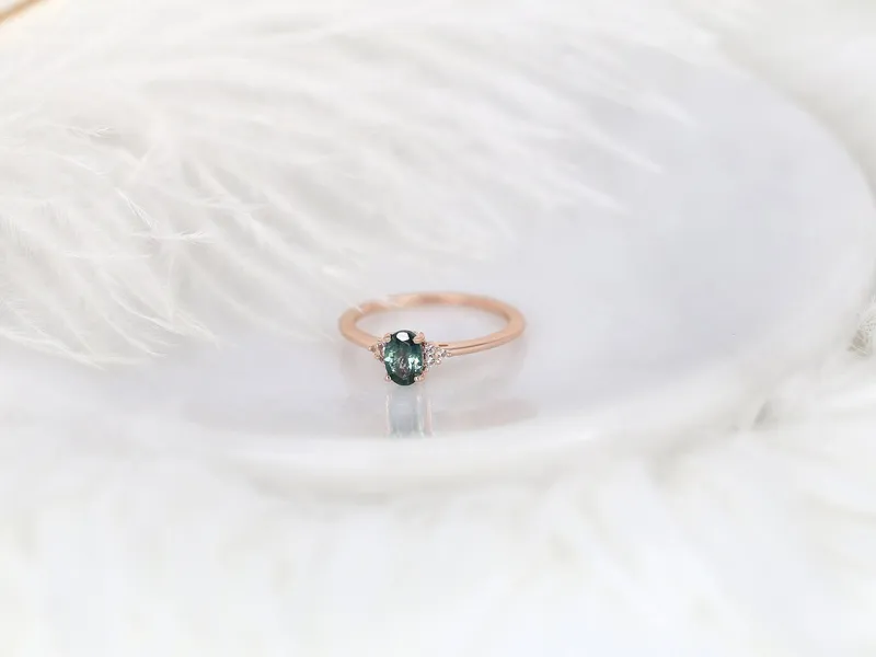 0.70ct Ready to Ship Juniper 14kt Rose Gold Ocean Teal Montana Sapphire Dainty Art Deco Oval Cluster Ring sapphire oval cut engagement ring