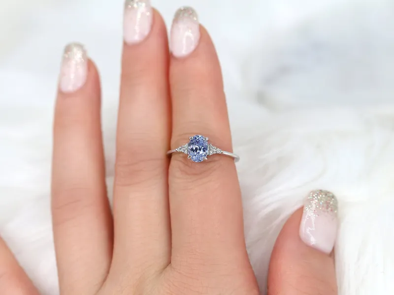 1.35ct Ready to Ship Maddy 14kt White Gold Cornflower Lavender Sapphire Diamond Dainty Oval Cluster 3 Stone Ring,Gift For Her view 7