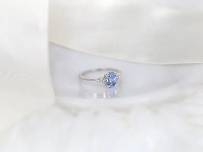 1.35ct Ready to Ship Maddy 14kt White Gold Cornflower Lavender Sapphire Diamond Dainty Oval Cluster 3 Stone Ring,Gift For Her view 3