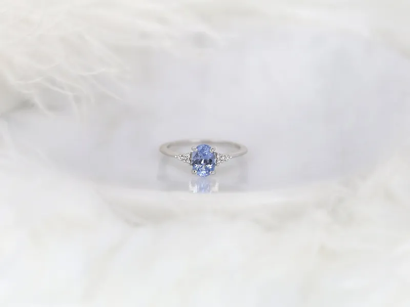 1.35ct Ready to Ship Maddy 14kt White Gold Cornflower Lavender Sapphire Diamond Dainty Oval Cluster 3 Stone Ring,Gift For Her view 4