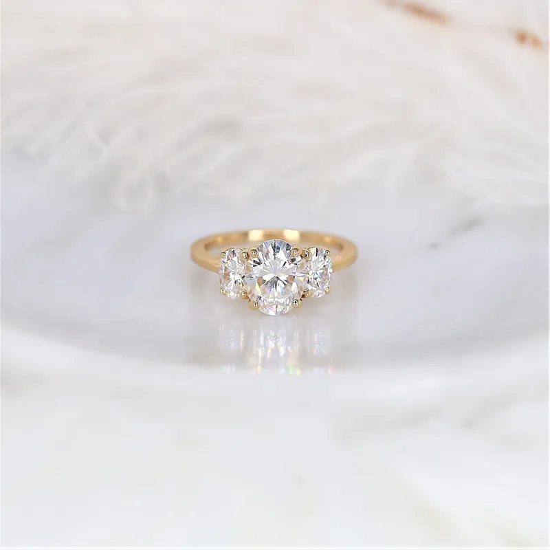 2cts Odessa 9x7mm 14kt Gold Moissanite Dainty 3 Stone Oval Engagement Ring view 2